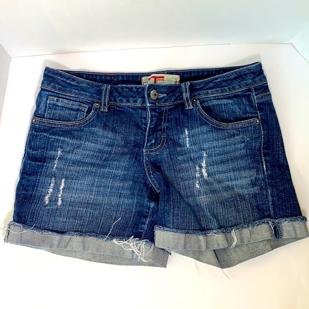T5 Stretch Blue Denim Distressed Cut Off Shorts Cuffed Hem Sz 7 Juniors